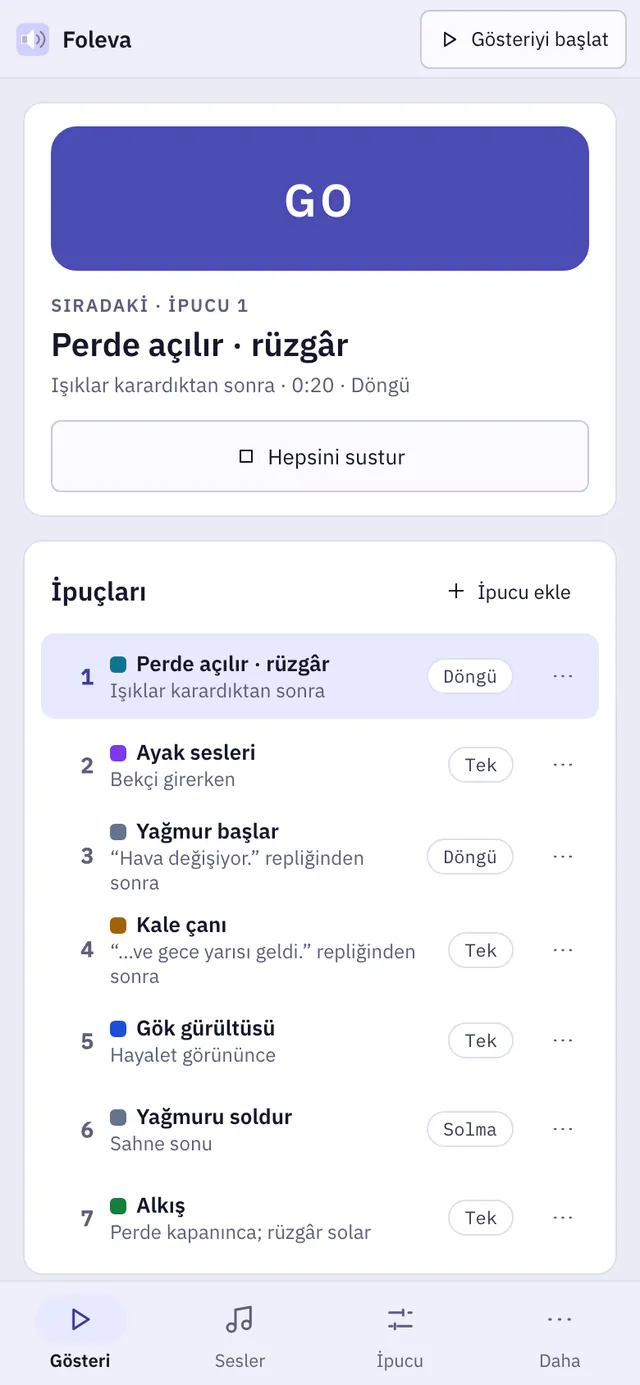 Foleva ekran görüntüsü: örnek içerikle çalışma alanı