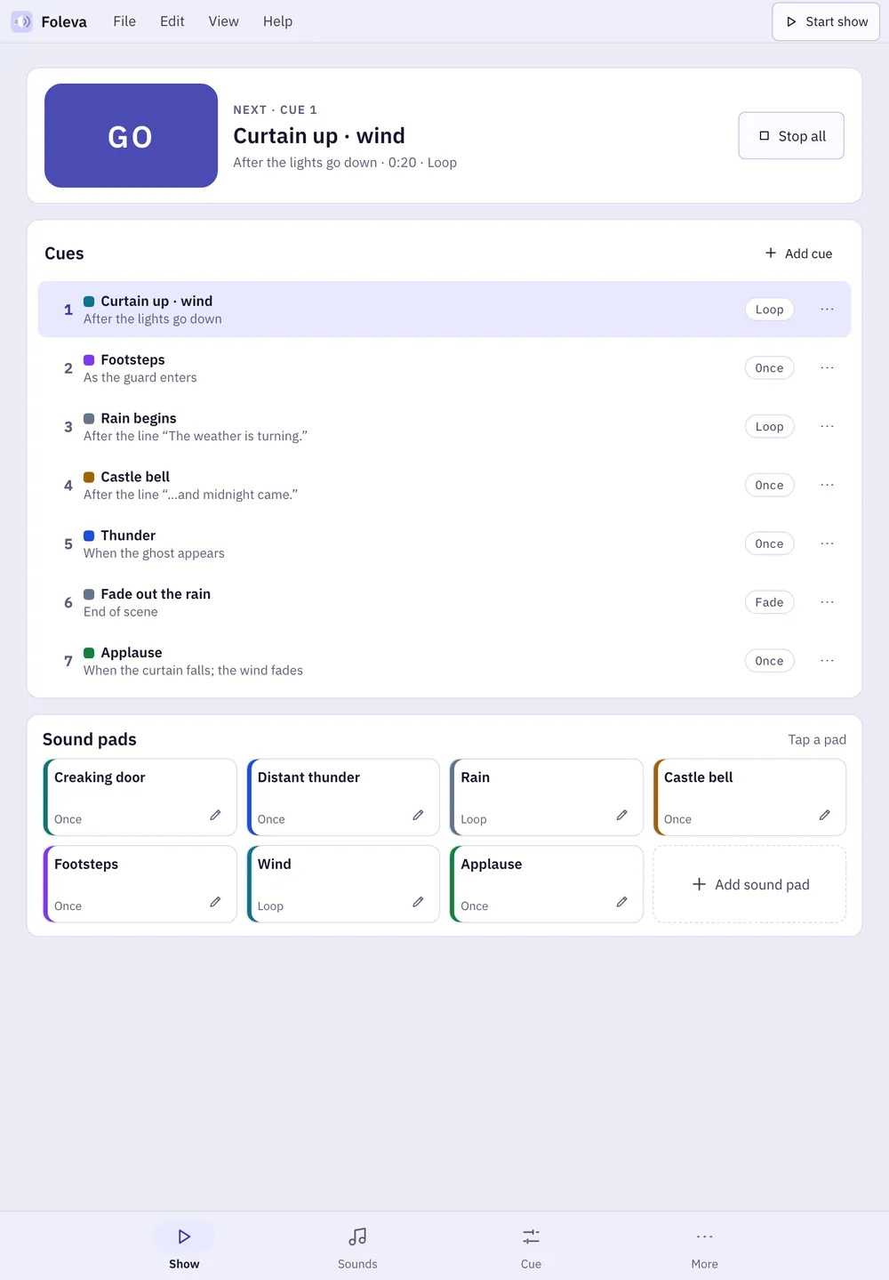 Foleva screenshot: workspace with sample content