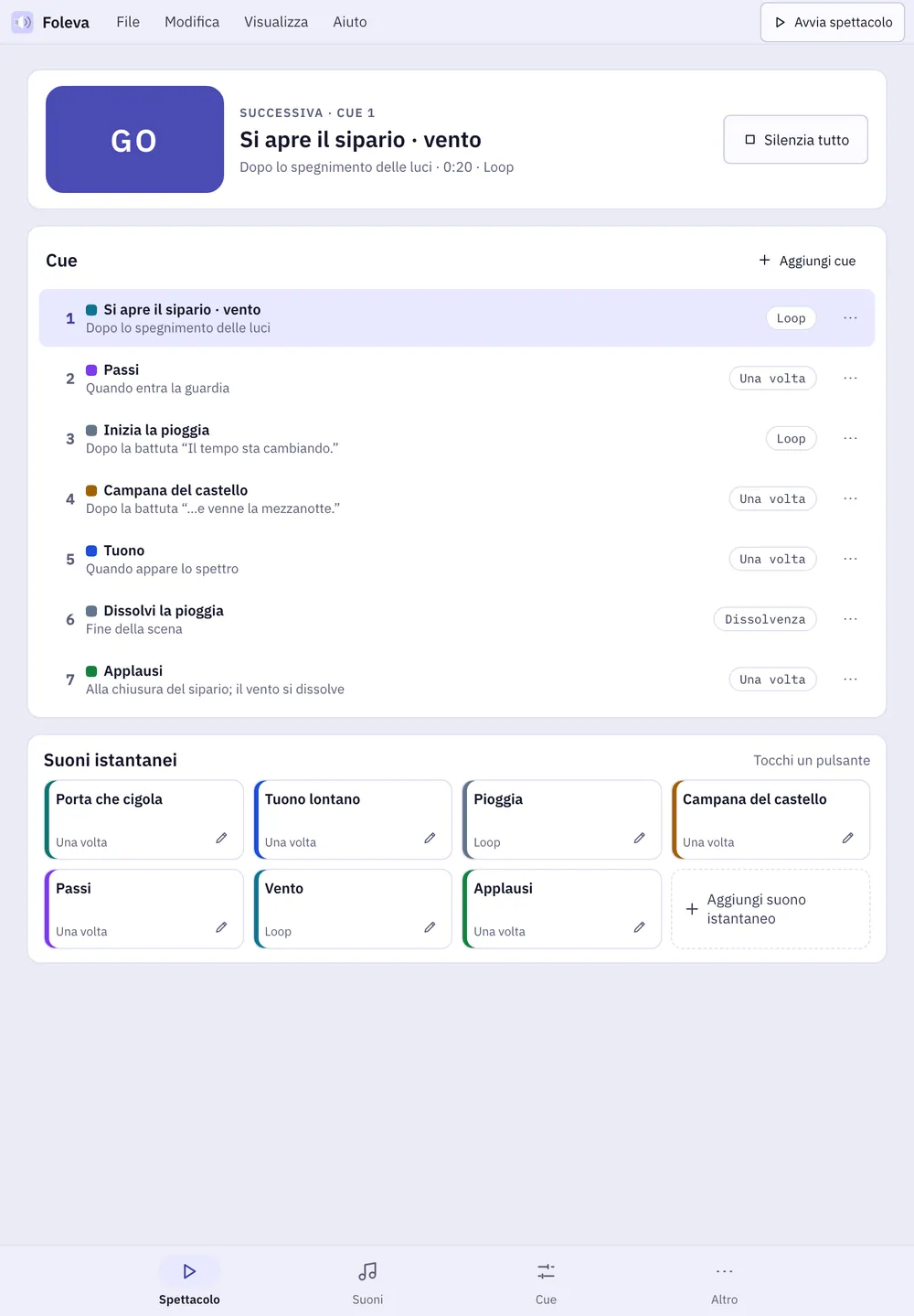 Screenshot di Foleva: area di lavoro con contenuto di esempio