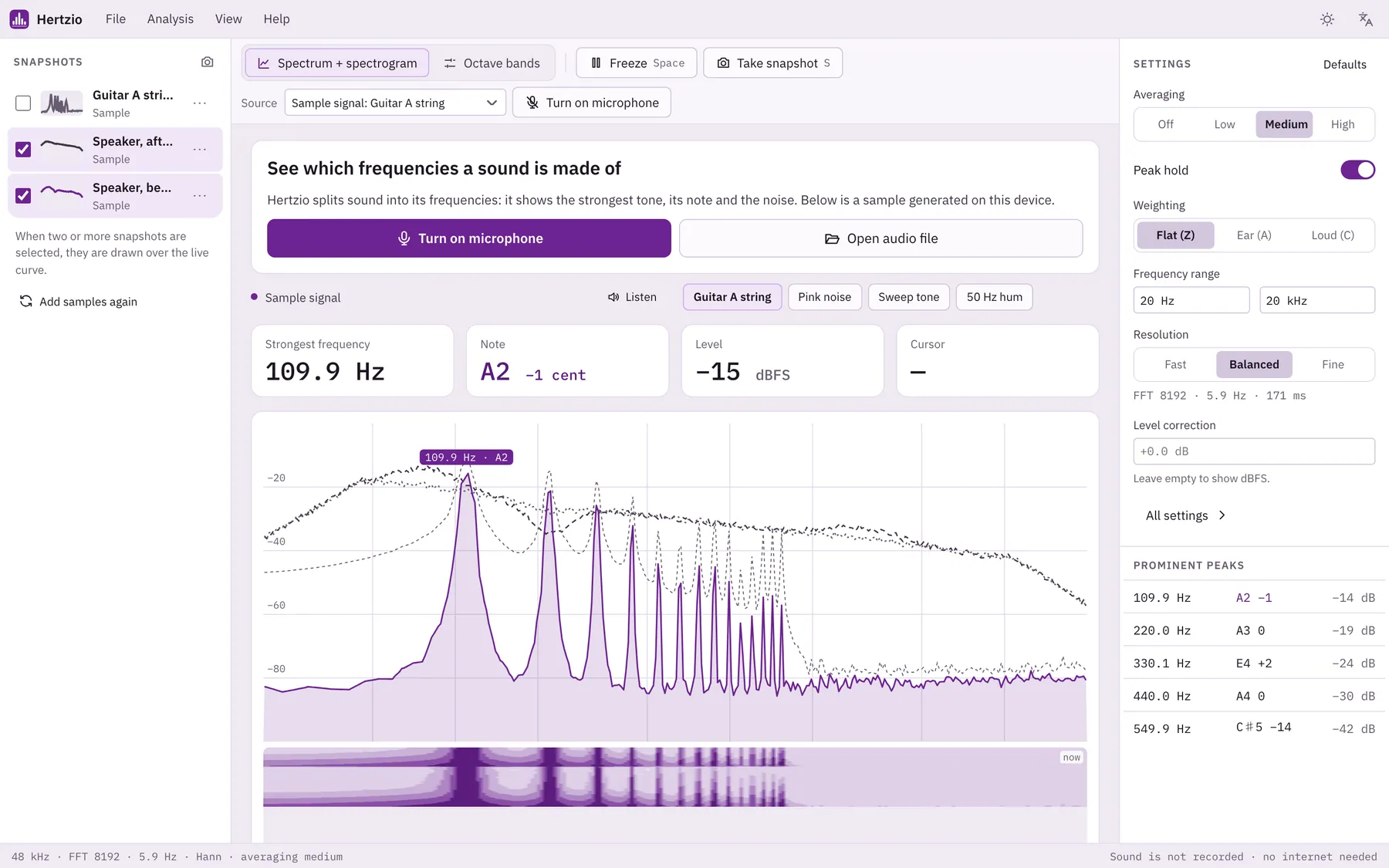 Hertzio screenshot: workspace with sample content