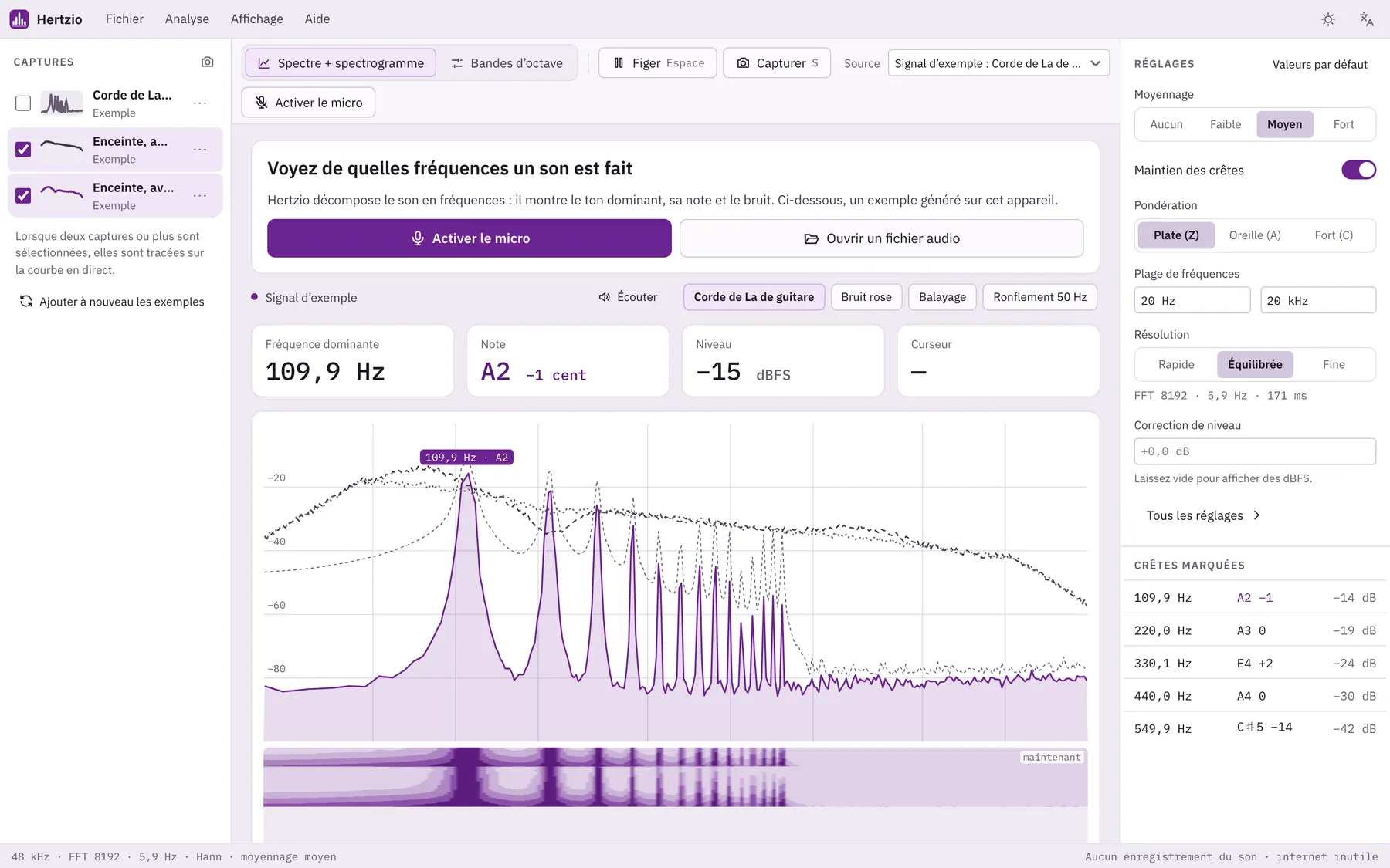 Capture d'écran de Hertzio : espace de travail avec un contenu d'exemple