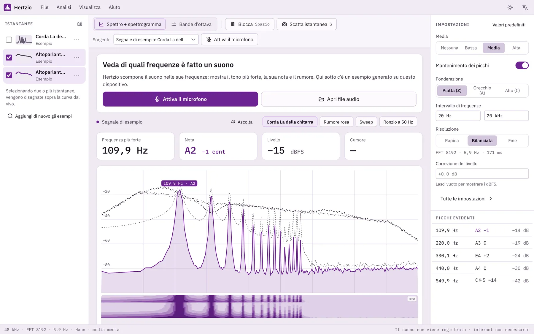 Screenshot di Hertzio: area di lavoro con contenuto di esempio