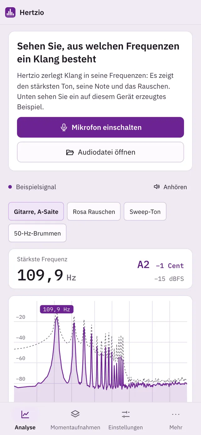 Bildschirmfoto von Hertzio: Arbeitsbereich mit Beispielinhalt