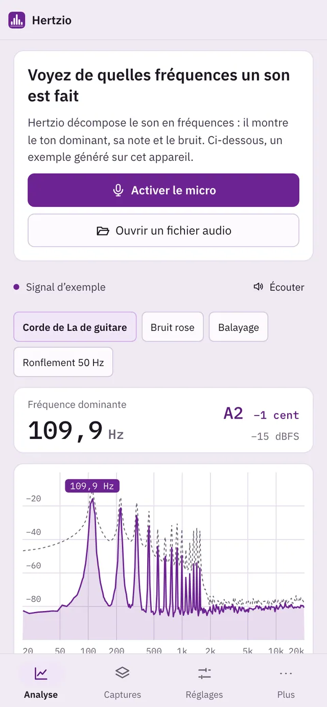 Capture d'écran de Hertzio : espace de travail avec un contenu d'exemple