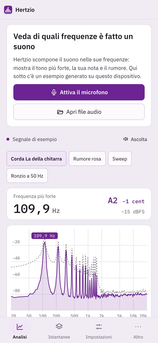 Screenshot di Hertzio: area di lavoro con contenuto di esempio