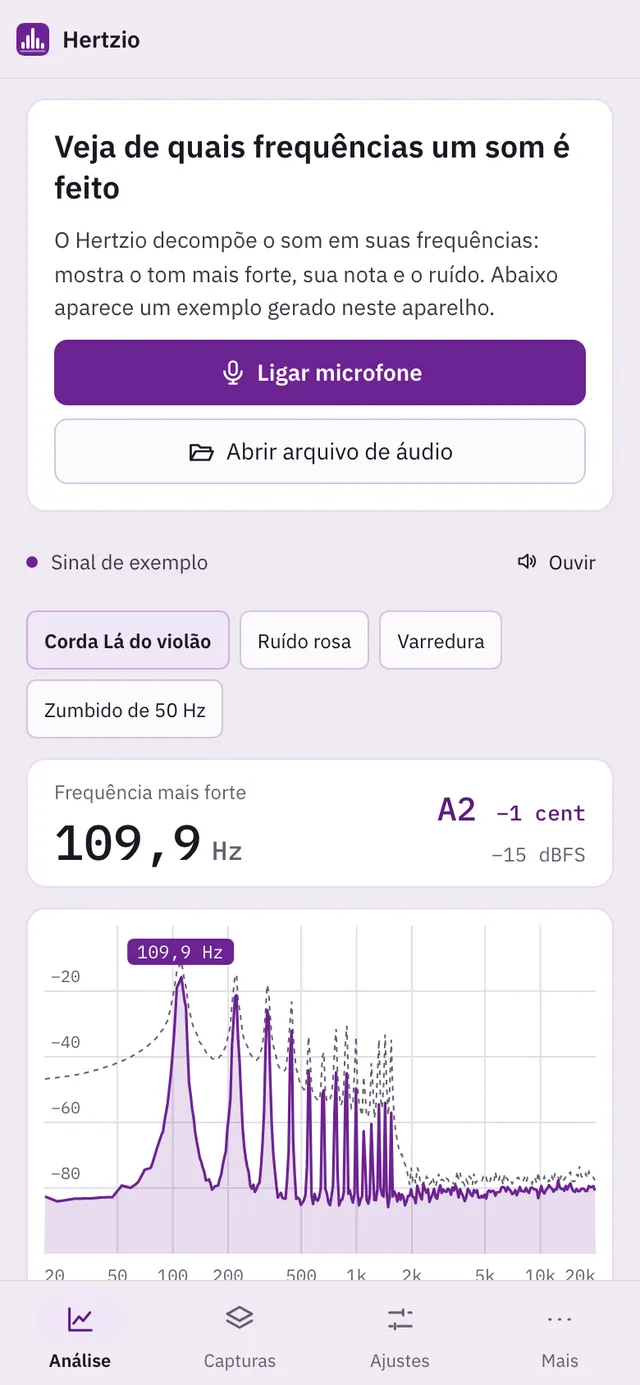 Captura de tela do Hertzio: área de trabalho com conteúdo de exemplo