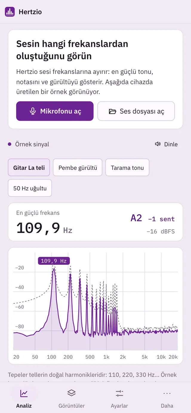 Hertzio ekran görüntüsü: örnek içerikle çalışma alanı