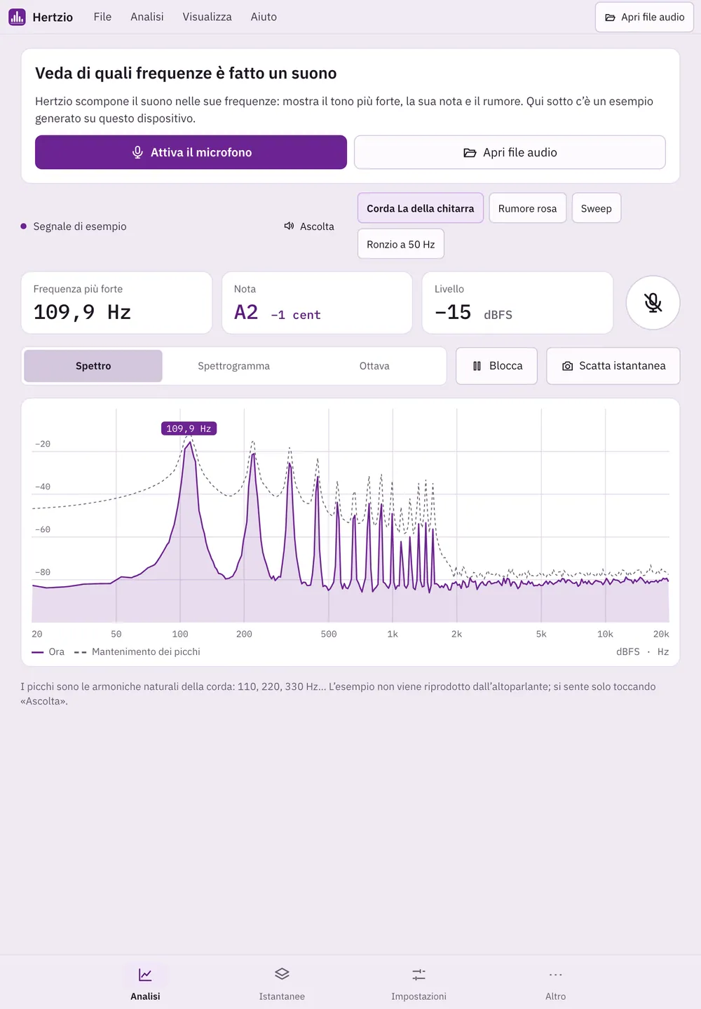 Screenshot di Hertzio: area di lavoro con contenuto di esempio