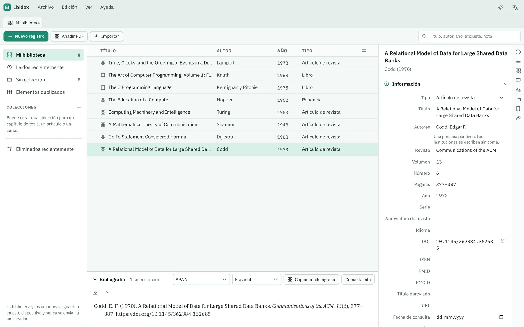 Captura de pantalla de Ibidex: área de trabajo con contenido de ejemplo