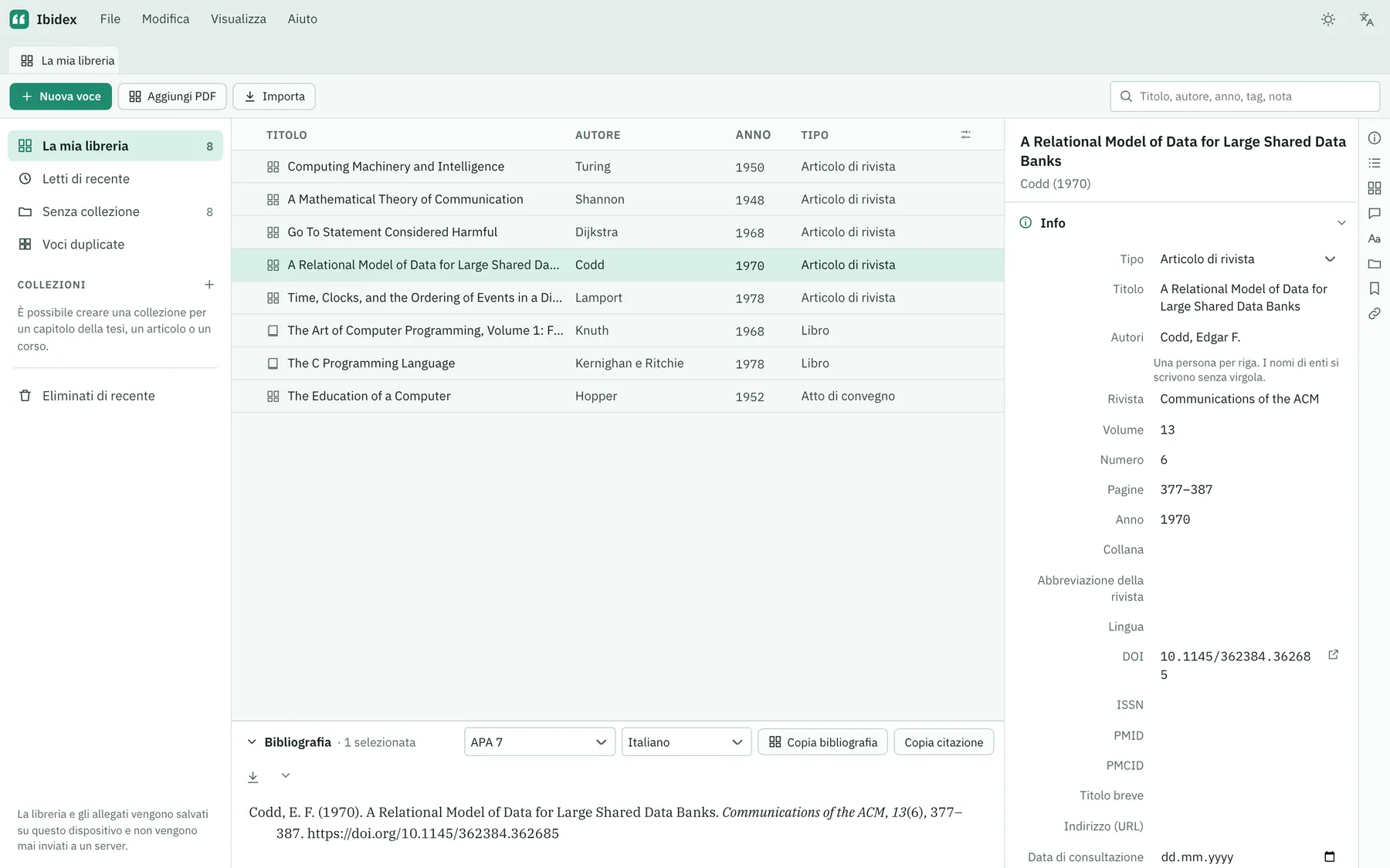 Screenshot di Ibidex: area di lavoro con contenuto di esempio
