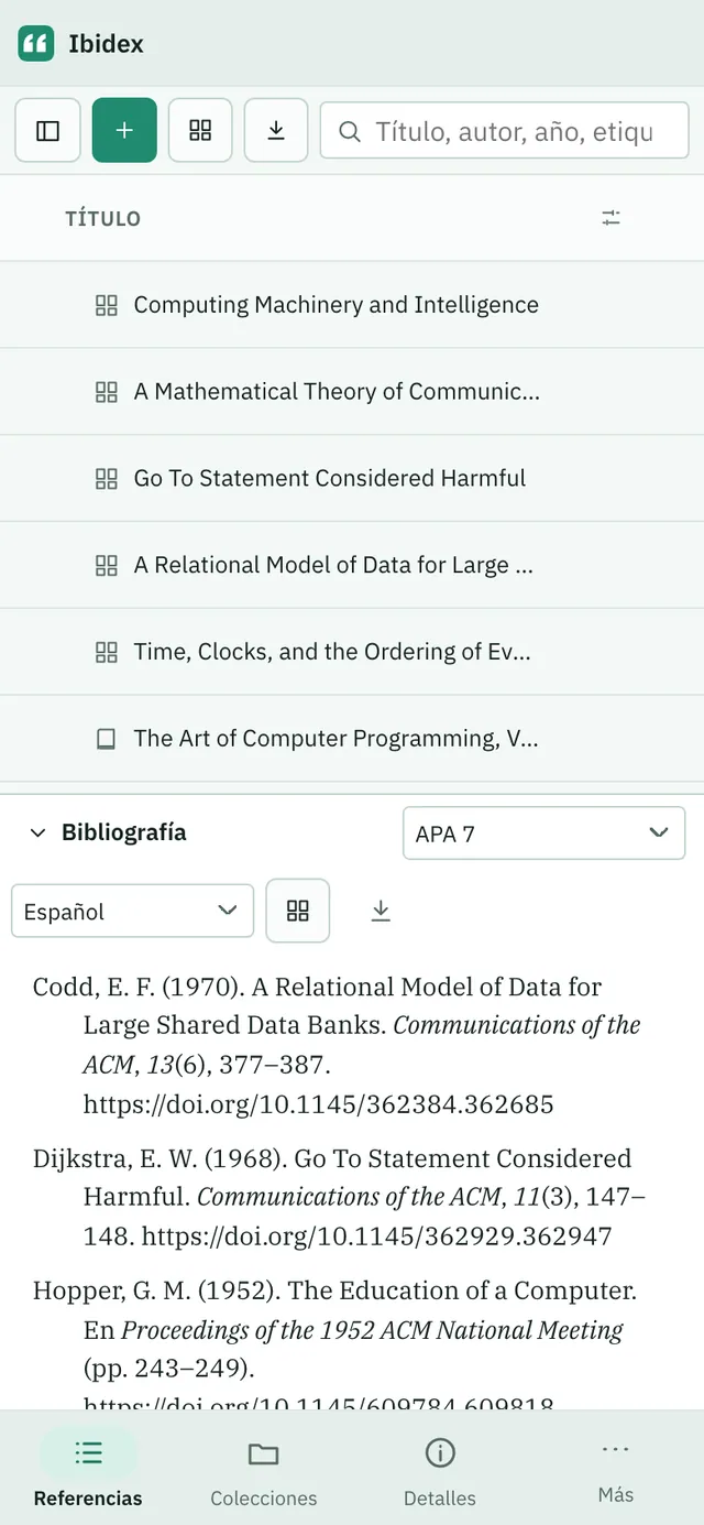 Captura de pantalla de Ibidex: área de trabajo con contenido de ejemplo