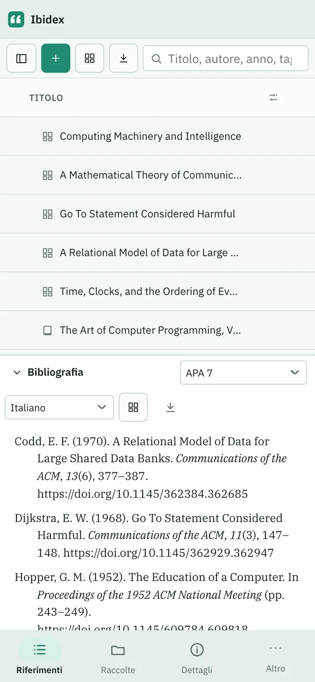 Screenshot di Ibidex: area di lavoro con contenuto di esempio