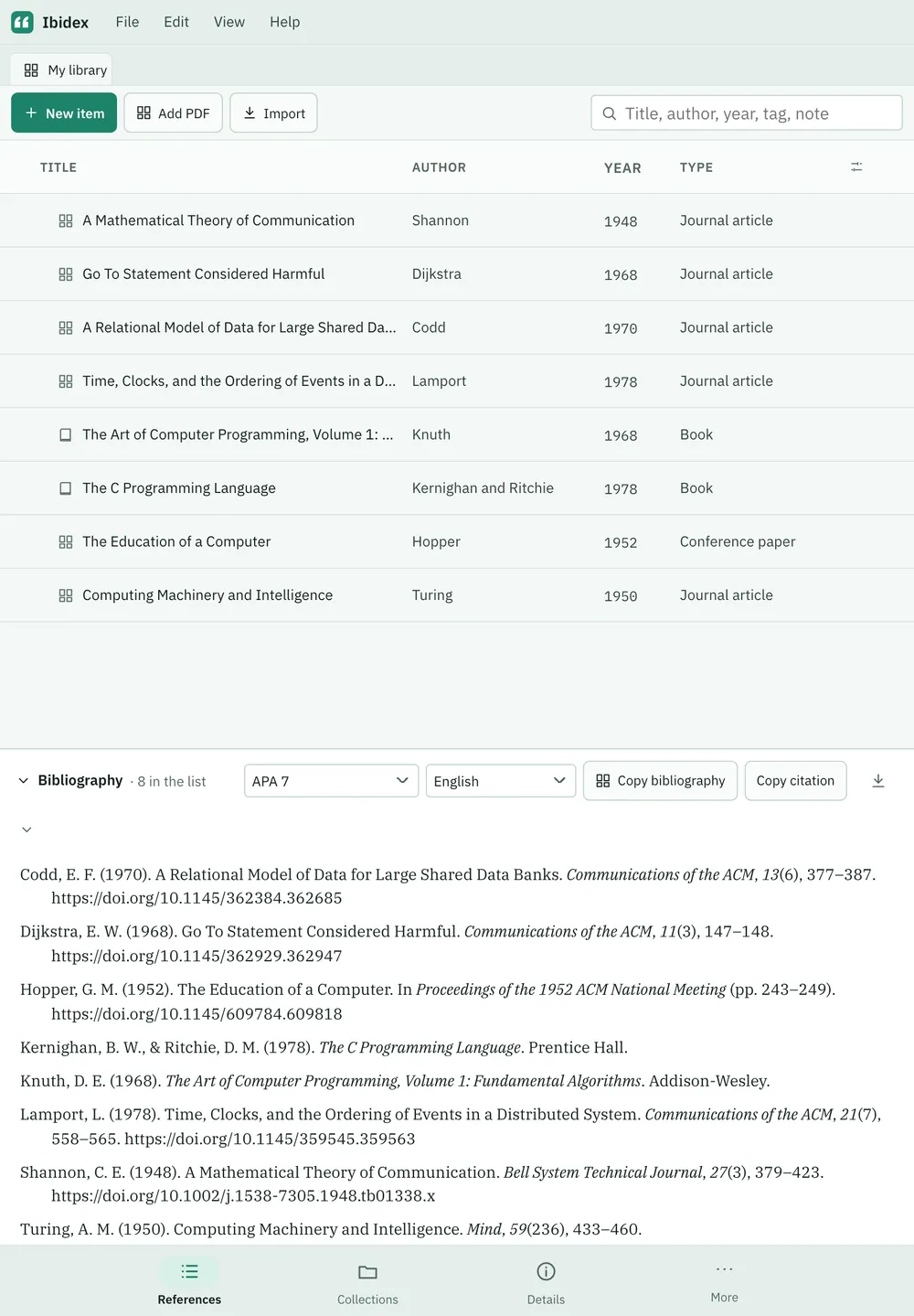 Ibidex screenshot: workspace with sample content