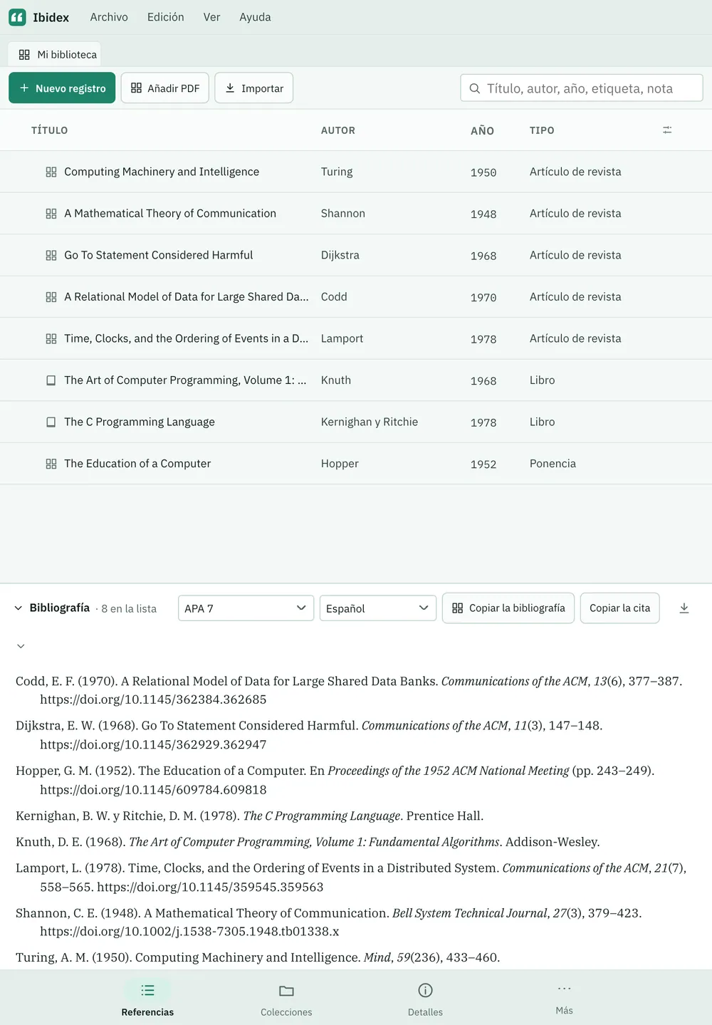 Captura de pantalla de Ibidex: área de trabajo con contenido de ejemplo