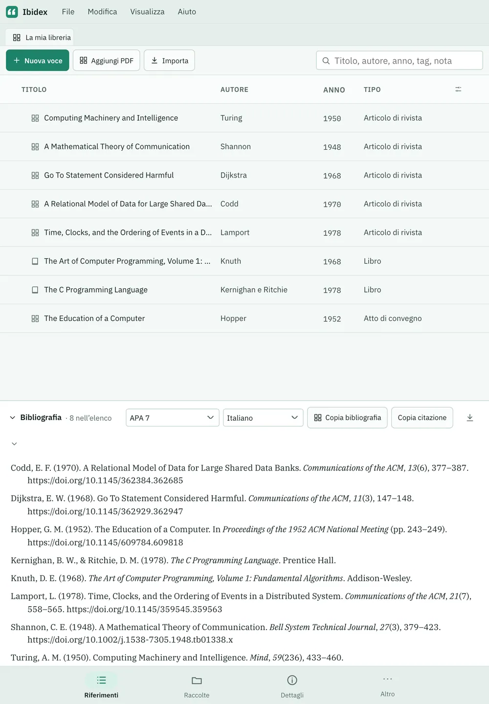 Screenshot di Ibidex: area di lavoro con contenuto di esempio