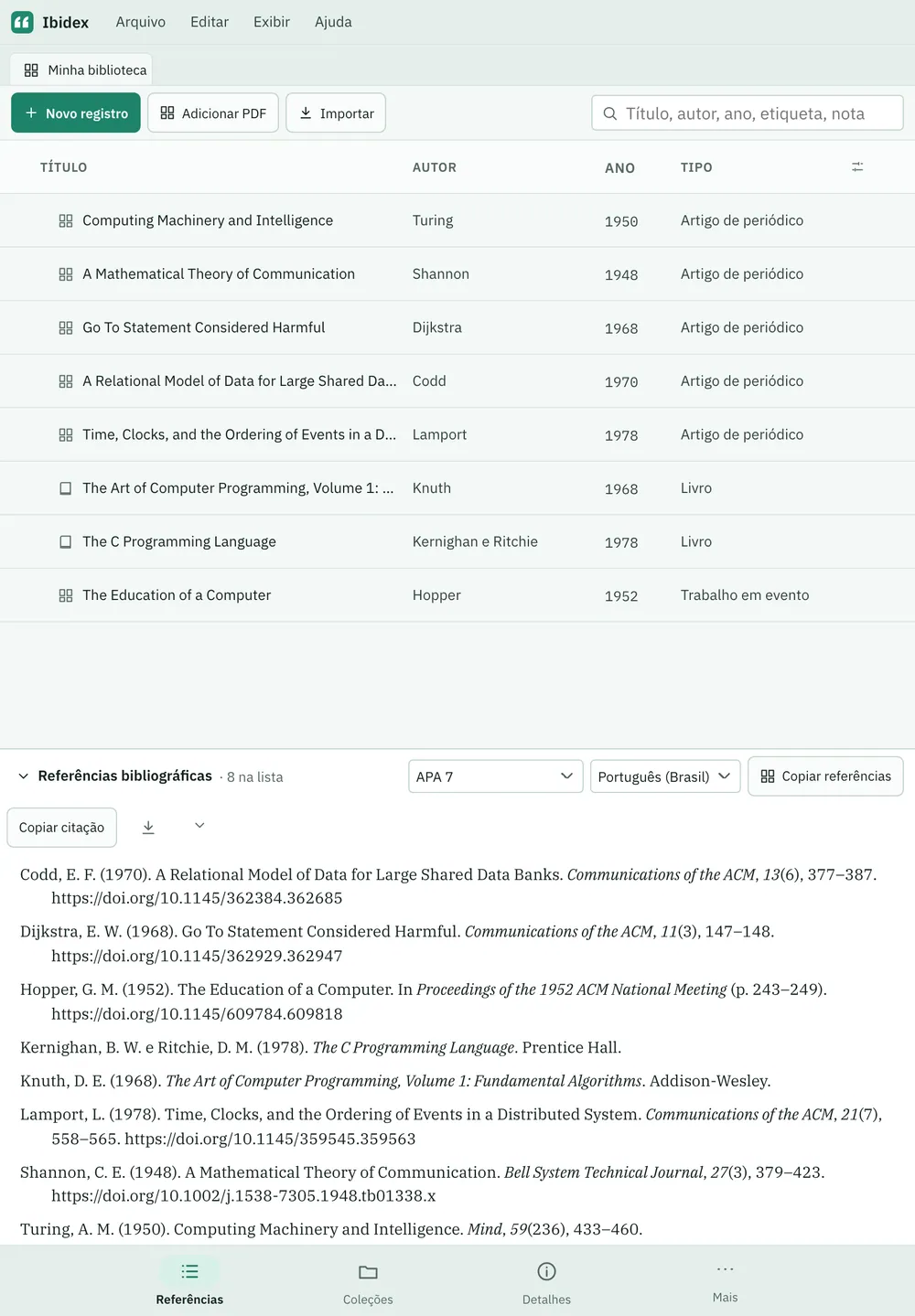 Captura de tela do Ibidex: área de trabalho com conteúdo de exemplo