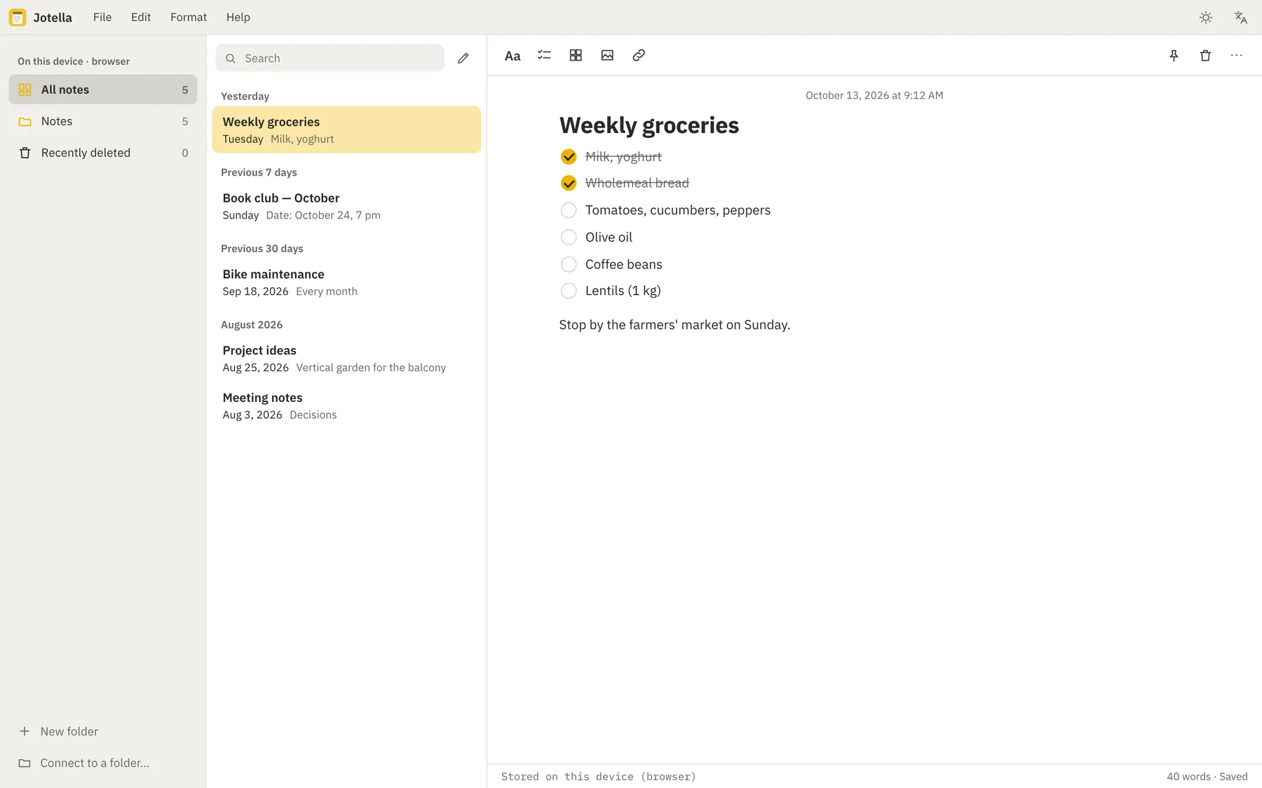 Jotella screenshot: workspace with sample content