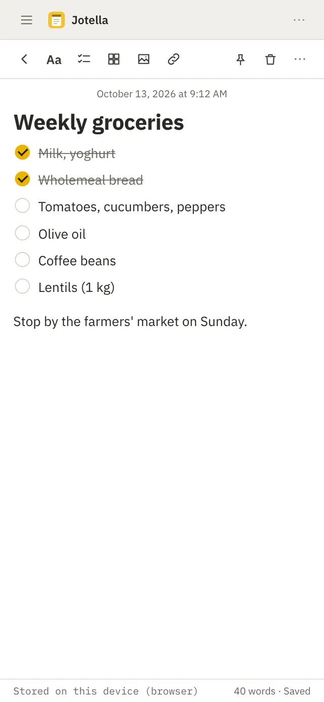Jotella screenshot: workspace with sample content