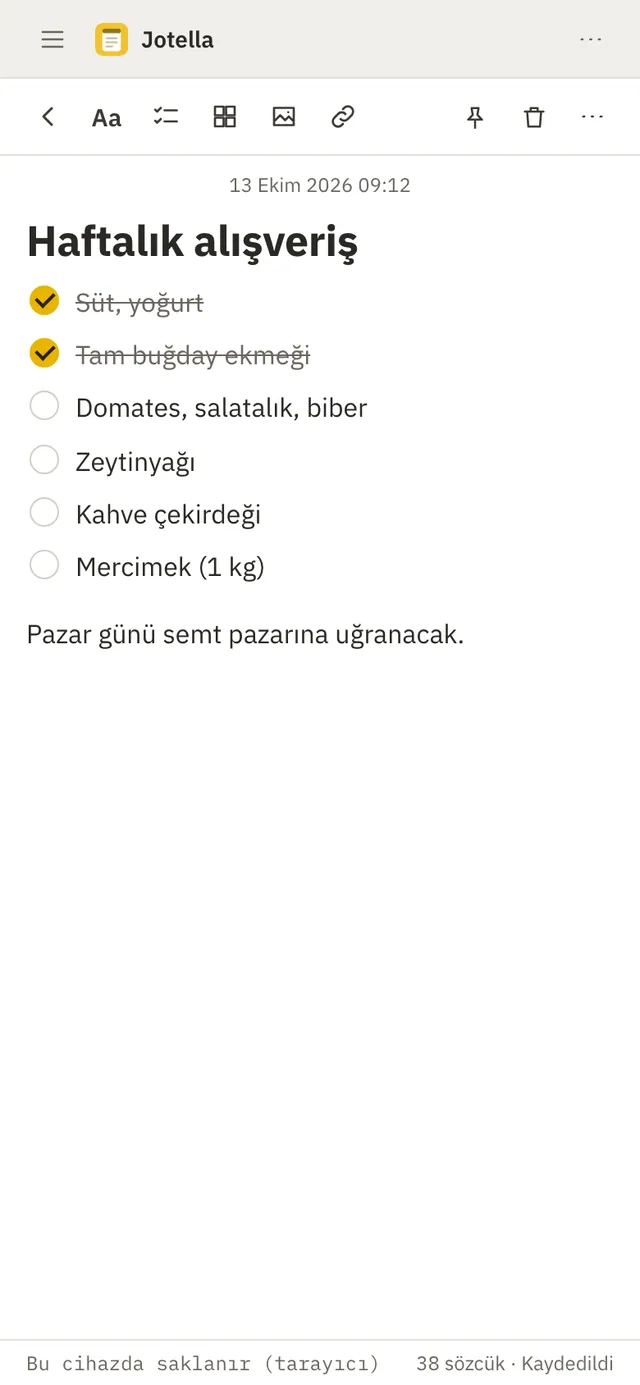 Jotella ekran görüntüsü: örnek içerikle çalışma alanı
