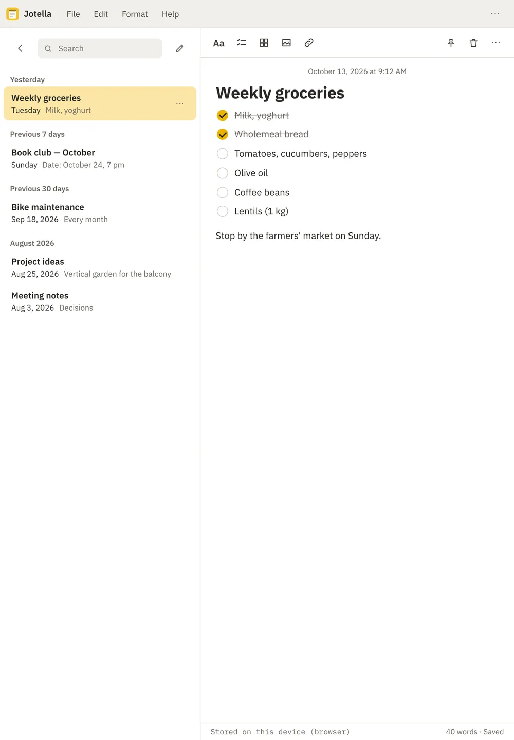 Jotella screenshot: workspace with sample content