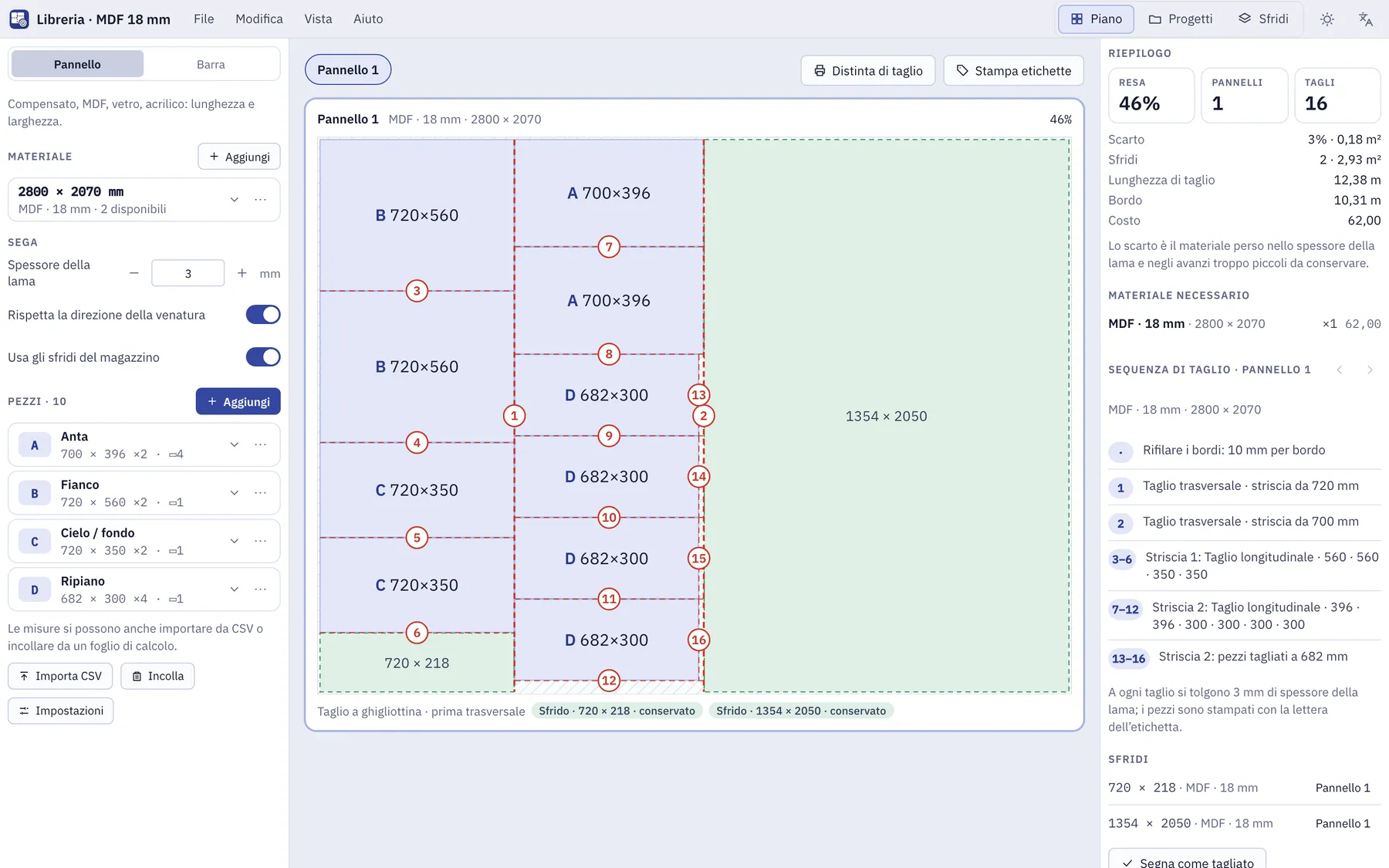 Screenshot di Kerfio: area di lavoro con contenuto di esempio