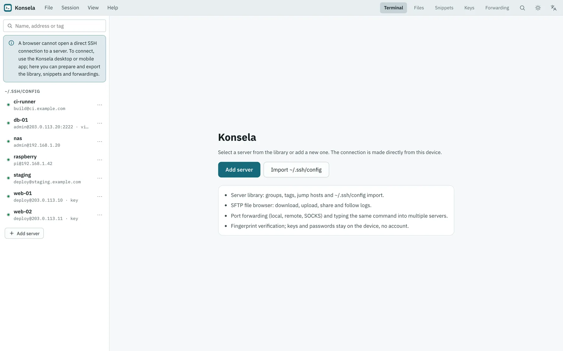 Konsela screenshot: workspace with sample content