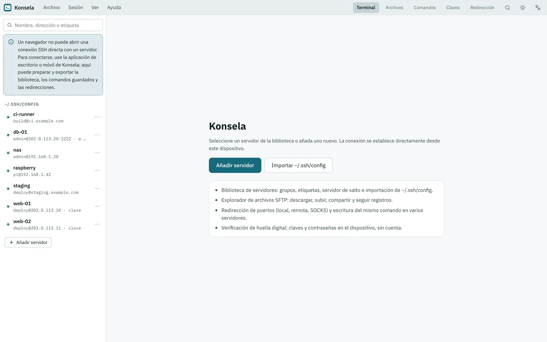 Captura de pantalla de Konsela: área de trabajo con contenido de ejemplo