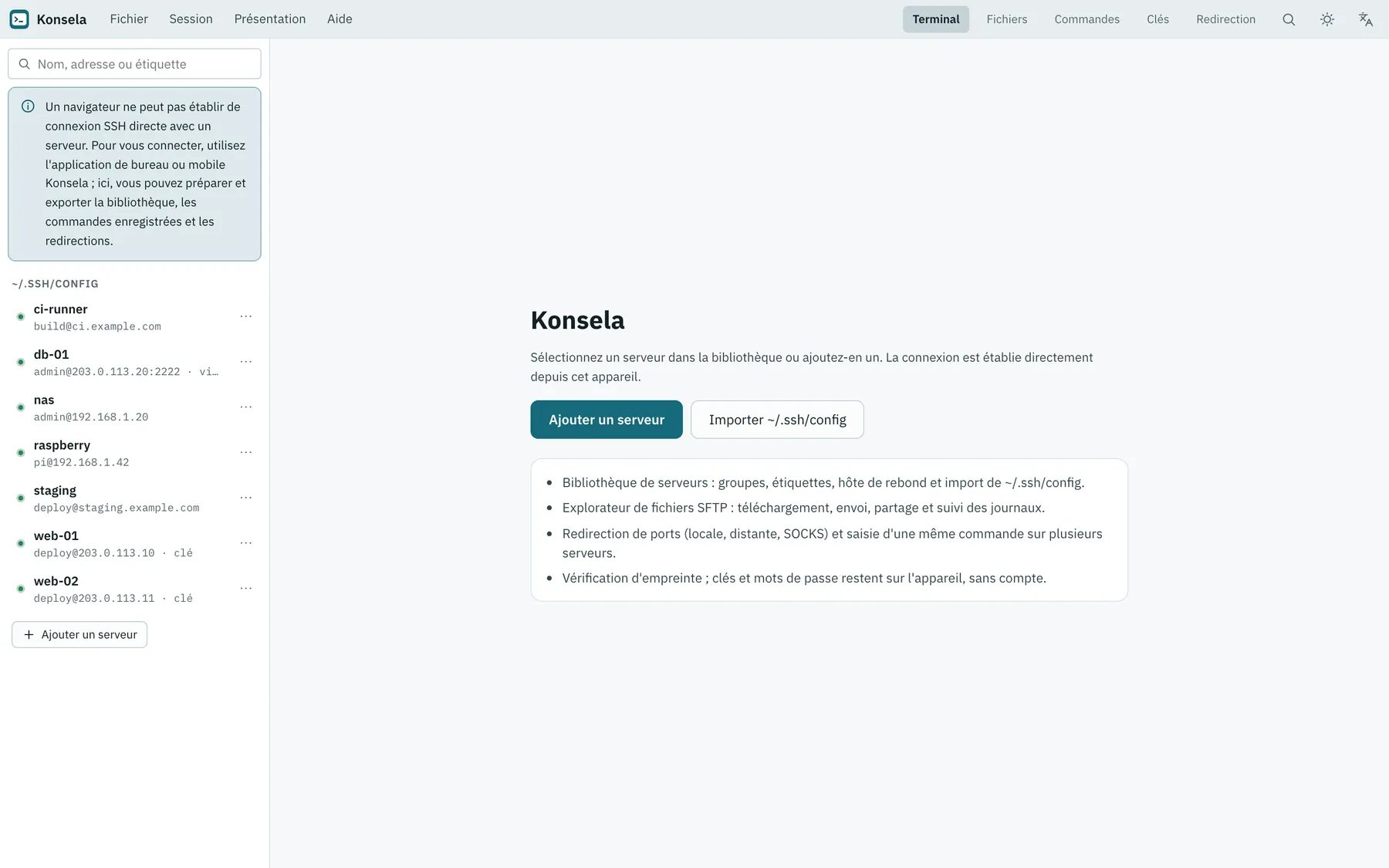 Capture d'écran de Konsela : espace de travail avec un contenu d'exemple