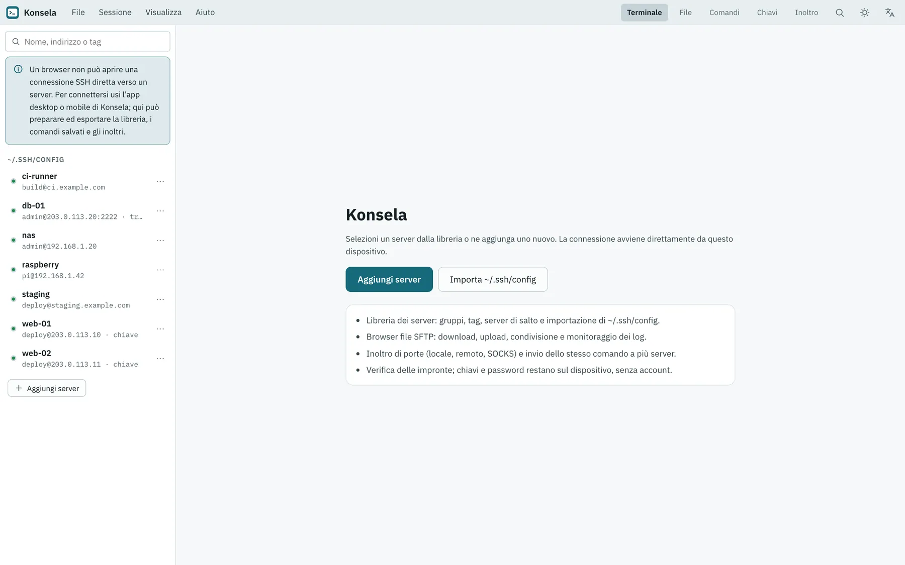 Screenshot di Konsela: area di lavoro con contenuto di esempio