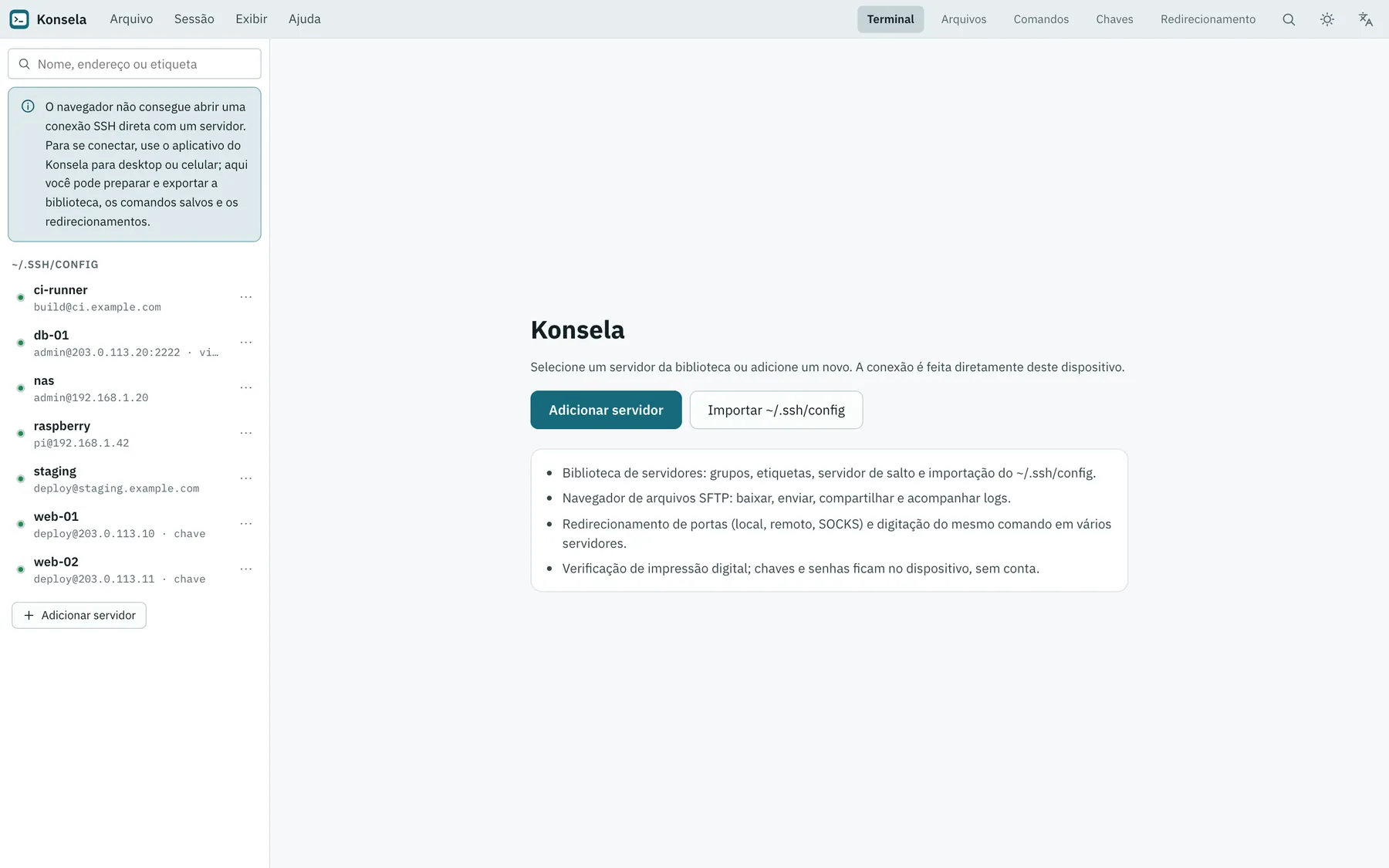 Captura de tela do Konsela: área de trabalho com conteúdo de exemplo