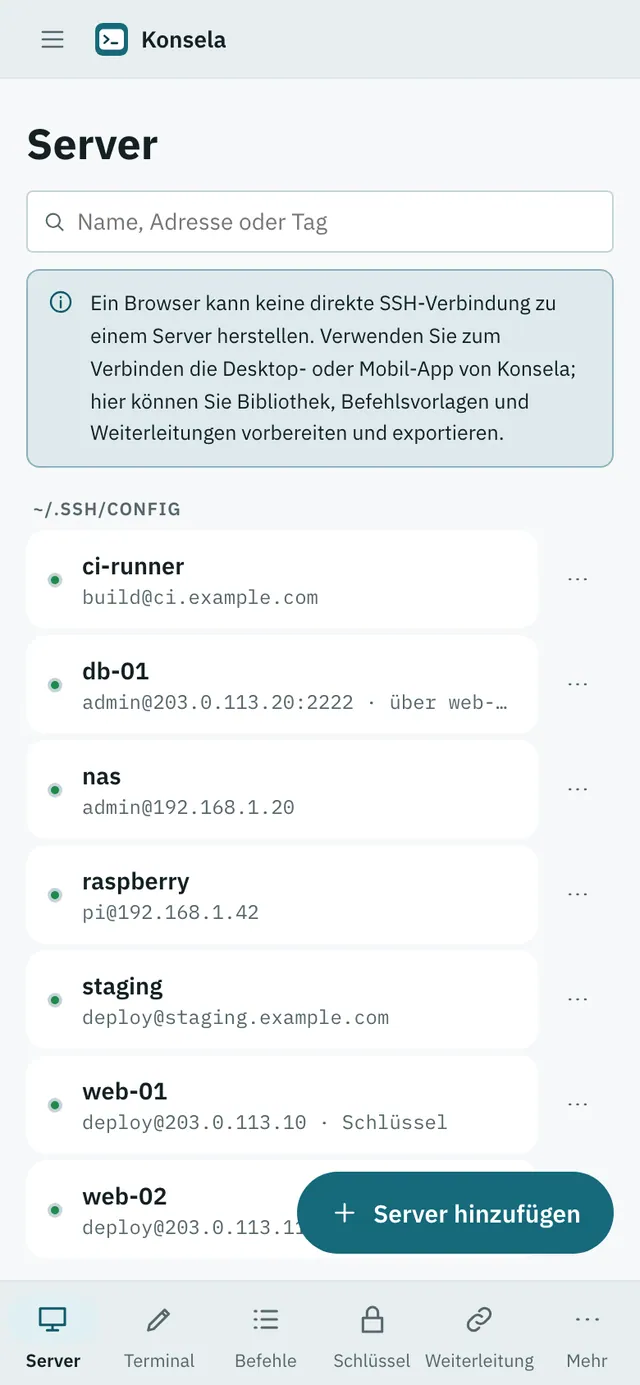 Bildschirmfoto von Konsela: Arbeitsbereich mit Beispielinhalt