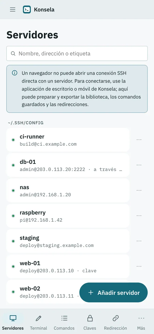 Captura de pantalla de Konsela: área de trabajo con contenido de ejemplo