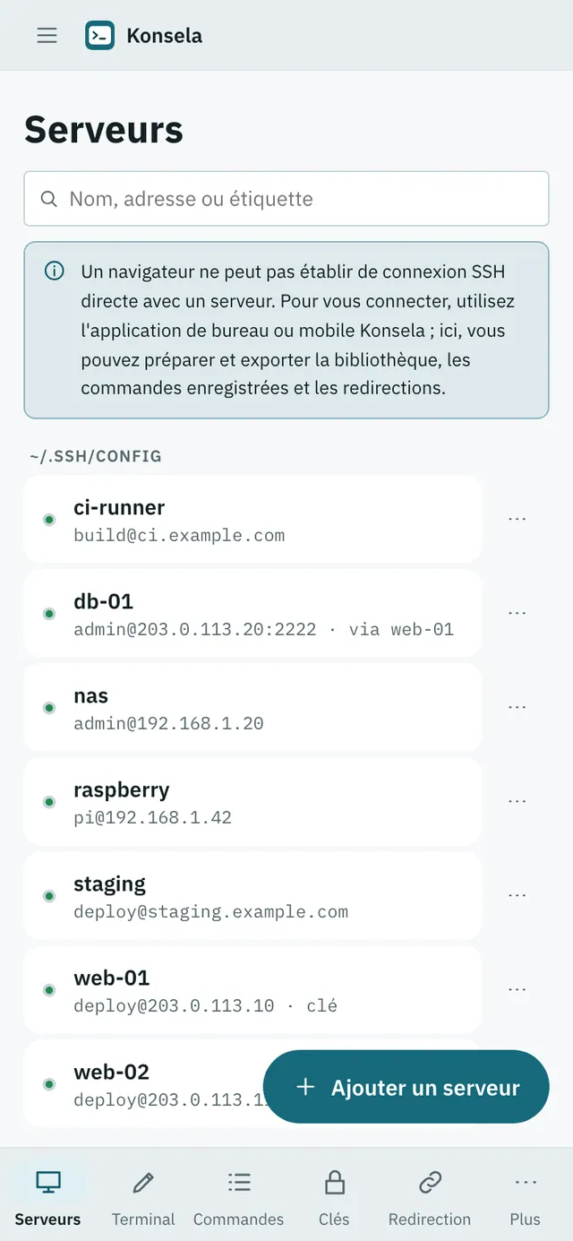 Capture d'écran de Konsela : espace de travail avec un contenu d'exemple