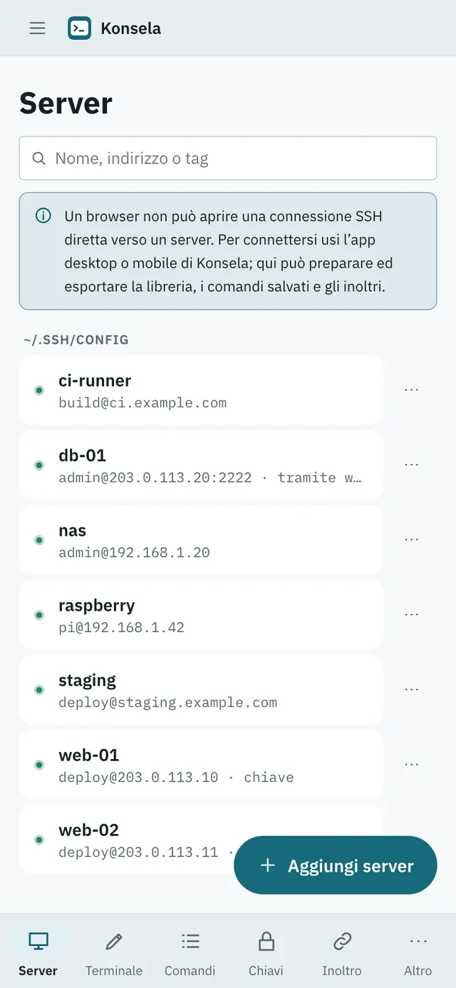 Screenshot di Konsela: area di lavoro con contenuto di esempio