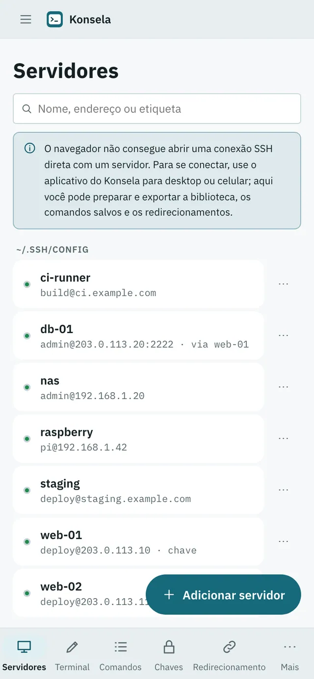 Captura de tela do Konsela: área de trabalho com conteúdo de exemplo