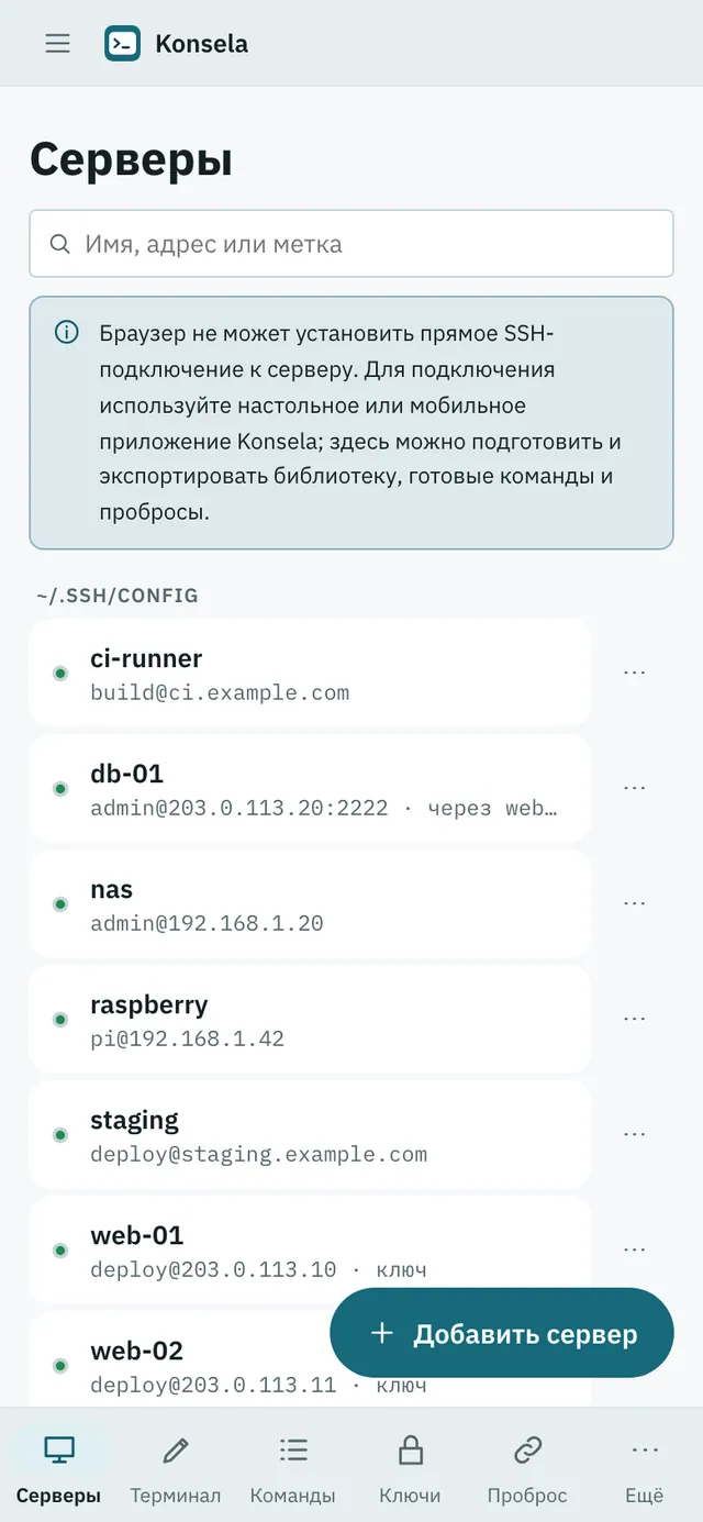 Снимок экрана Konsela: рабочая область с примером содержимого