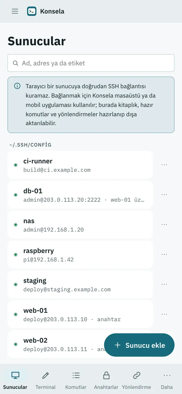 Konsela ekran görüntüsü: örnek içerikle çalışma alanı