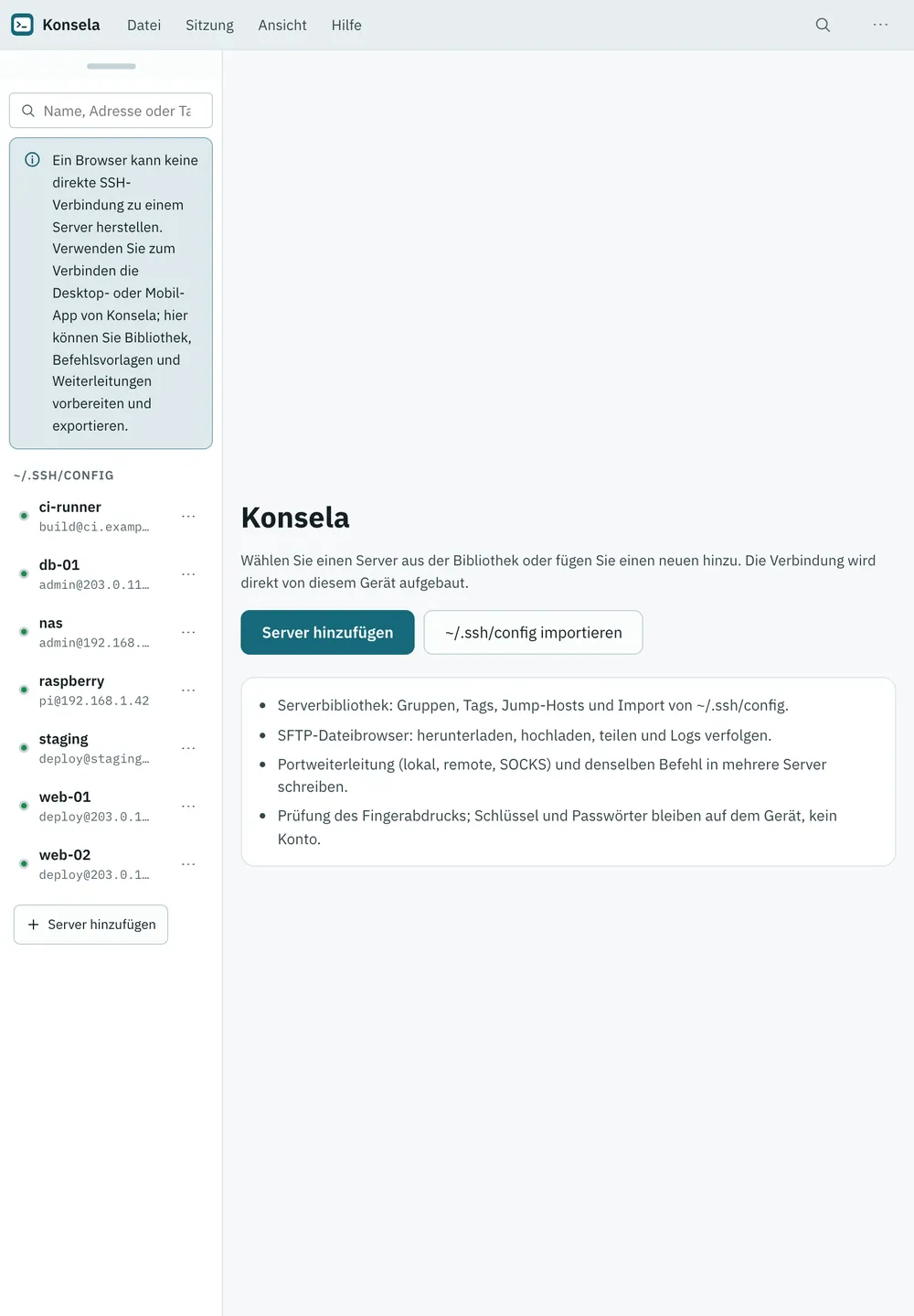 Bildschirmfoto von Konsela: Arbeitsbereich mit Beispielinhalt