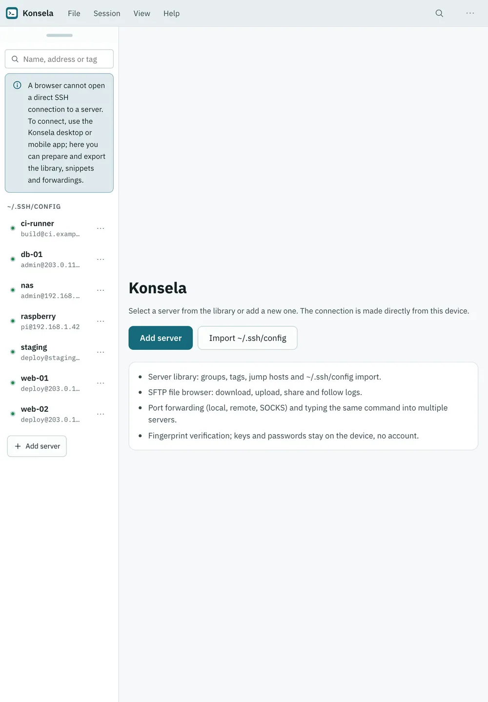 Konsela screenshot: workspace with sample content