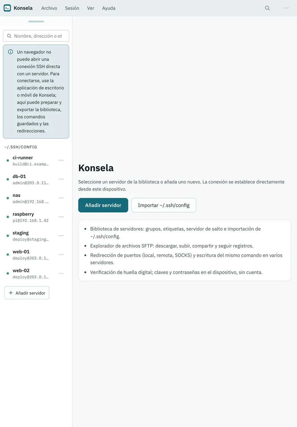 Captura de pantalla de Konsela: área de trabajo con contenido de ejemplo