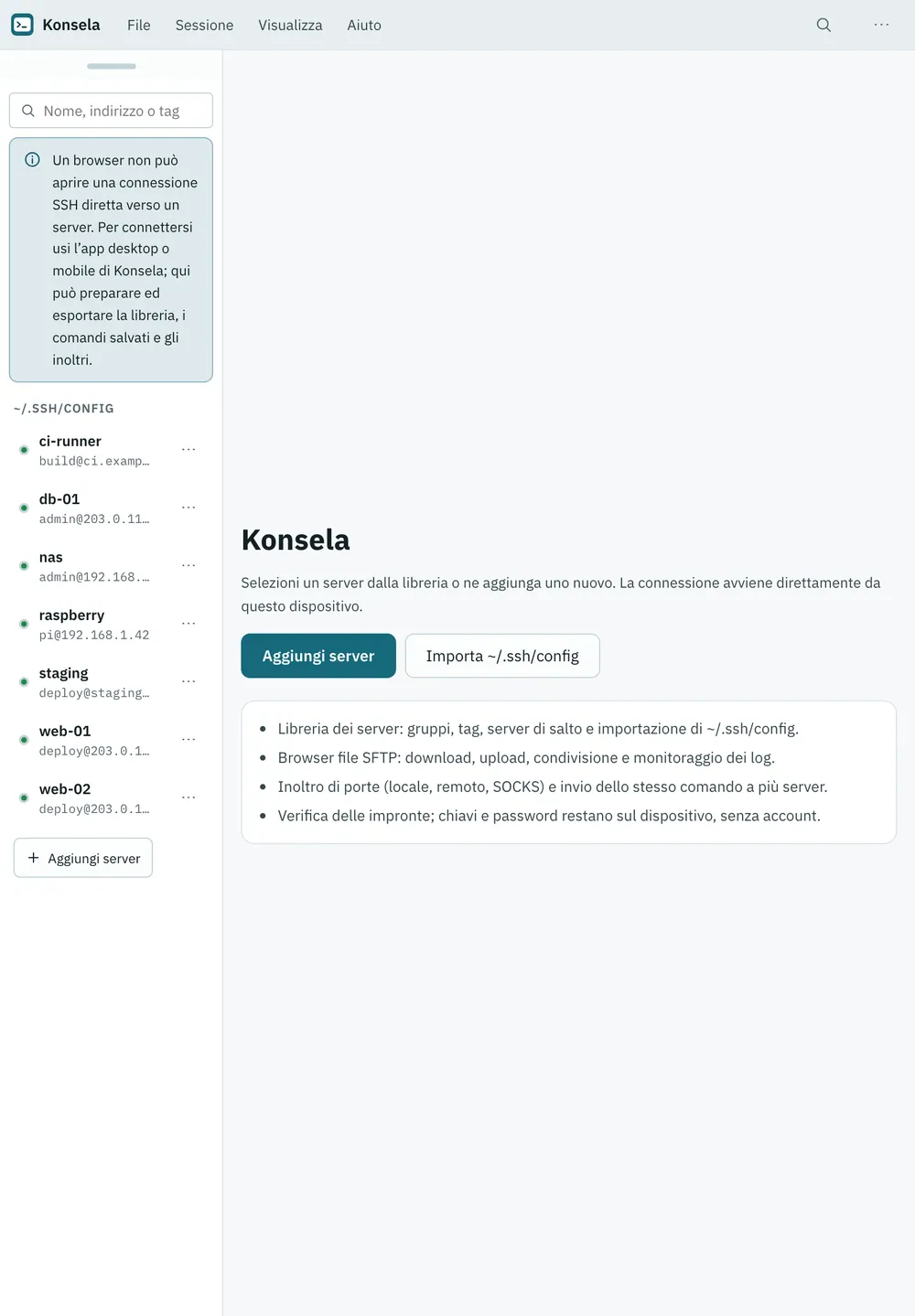 Screenshot di Konsela: area di lavoro con contenuto di esempio