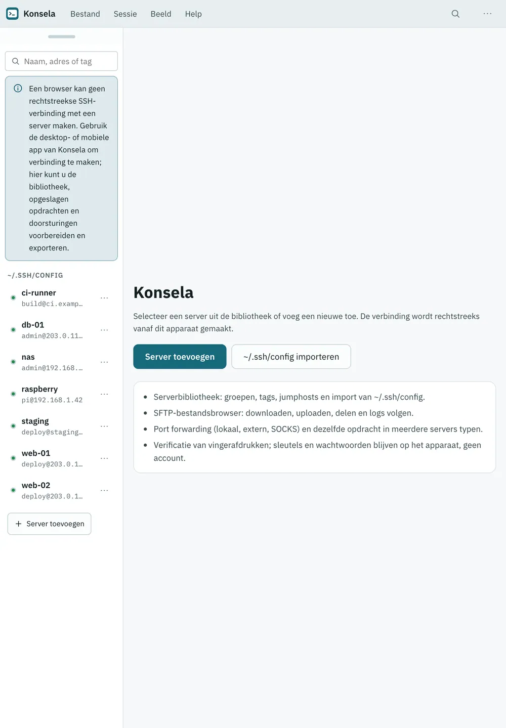 Schermafbeelding van Konsela: werkruimte met voorbeeldinhoud