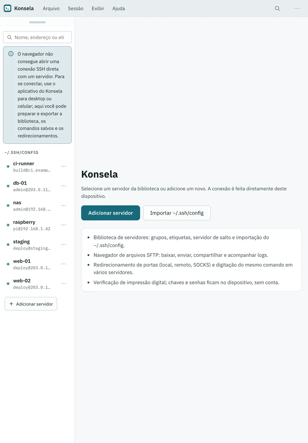 Captura de tela do Konsela: área de trabalho com conteúdo de exemplo