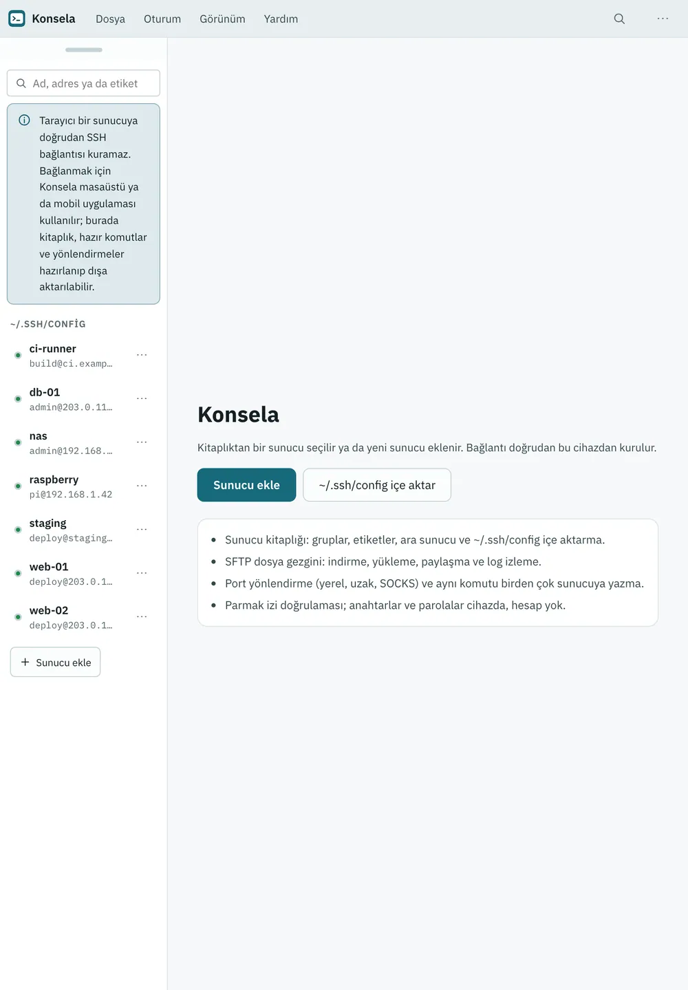 Konsela ekran görüntüsü: örnek içerikle çalışma alanı
