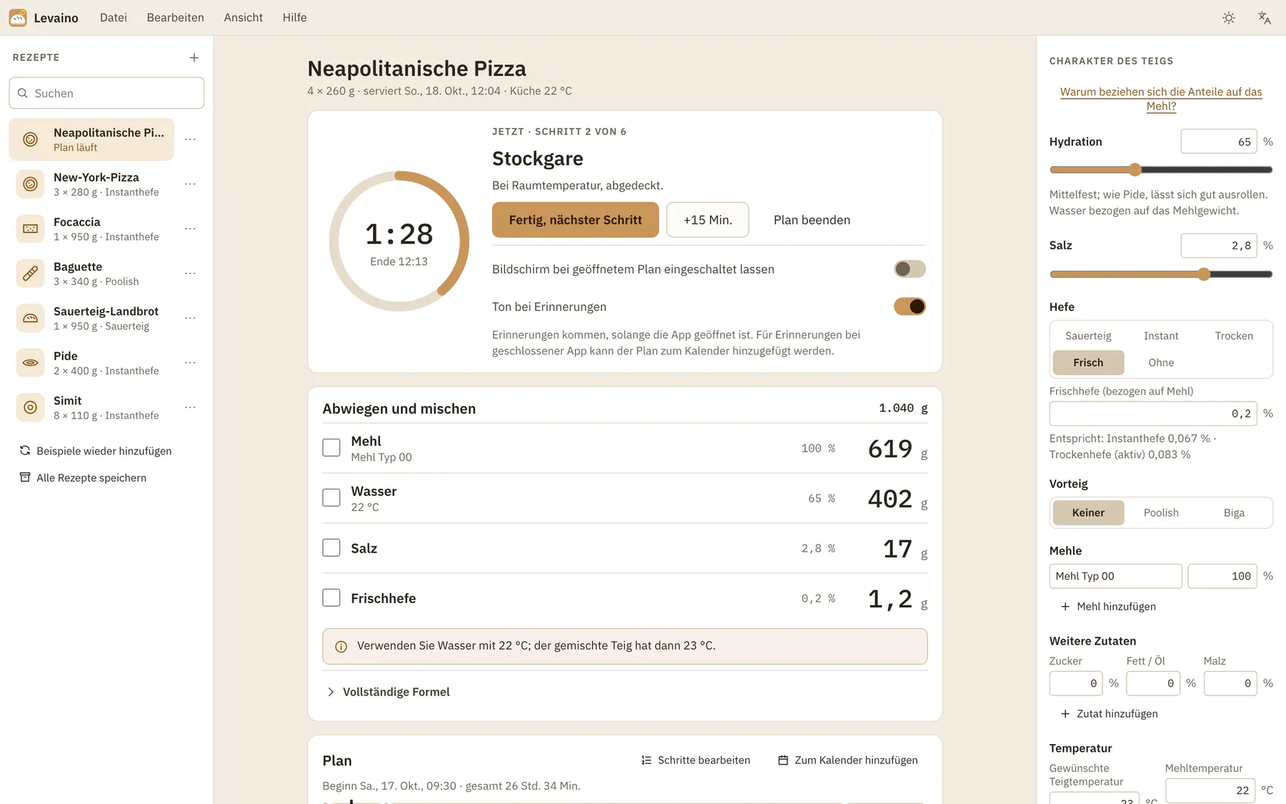 Bildschirmfoto von Levaino: Arbeitsbereich mit Beispielinhalt