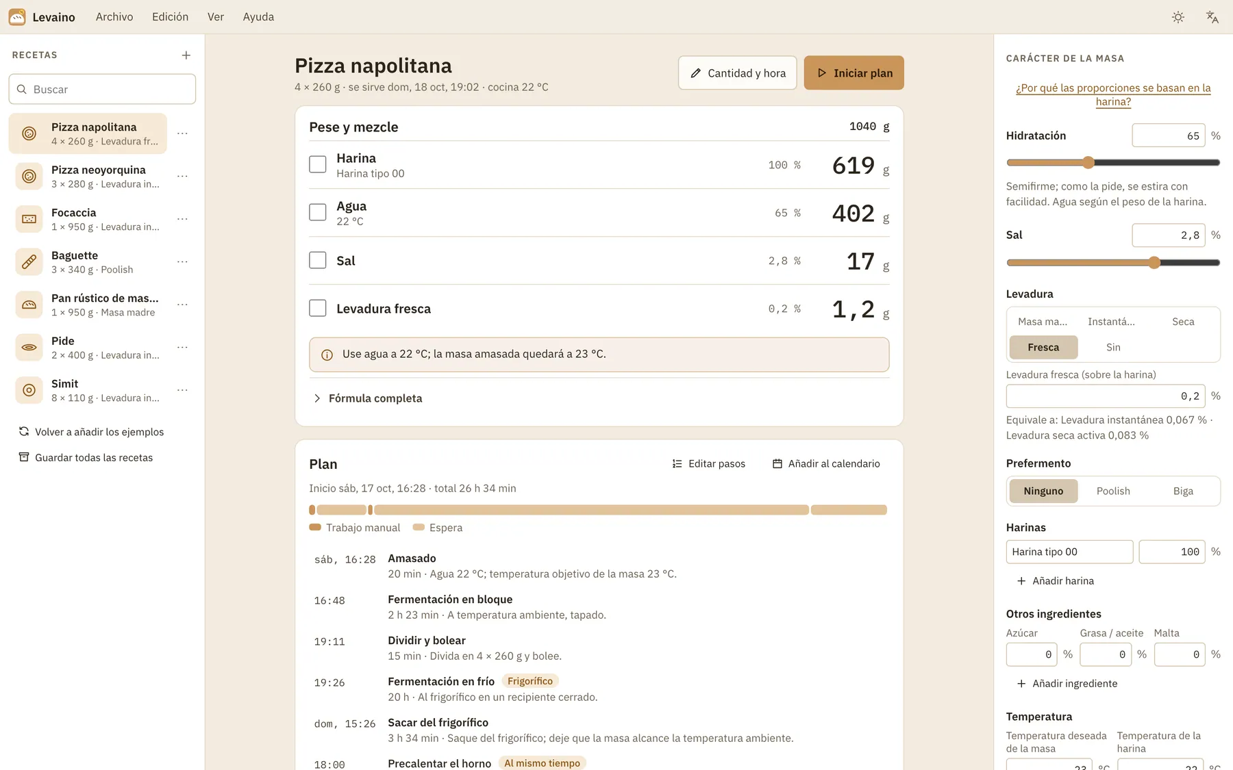 Captura de pantalla de Levaino: área de trabajo con contenido de ejemplo