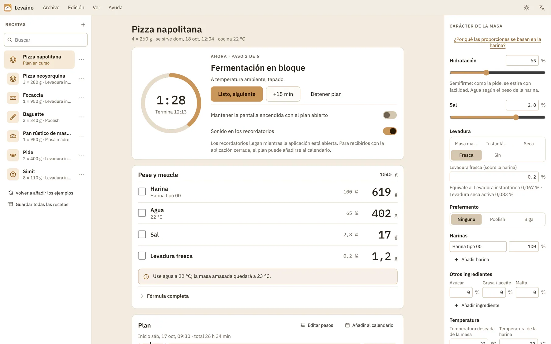 Captura de pantalla de Levaino: área de trabajo con contenido de ejemplo