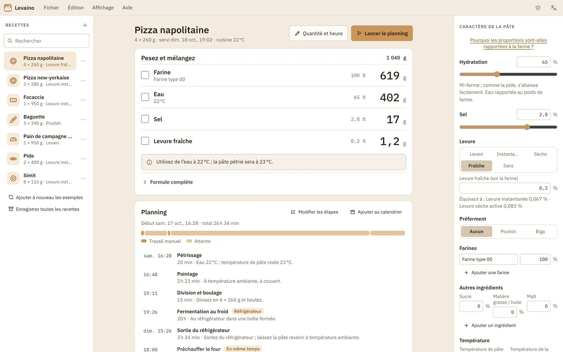 Capture d'écran de Levaino : espace de travail avec un contenu d'exemple