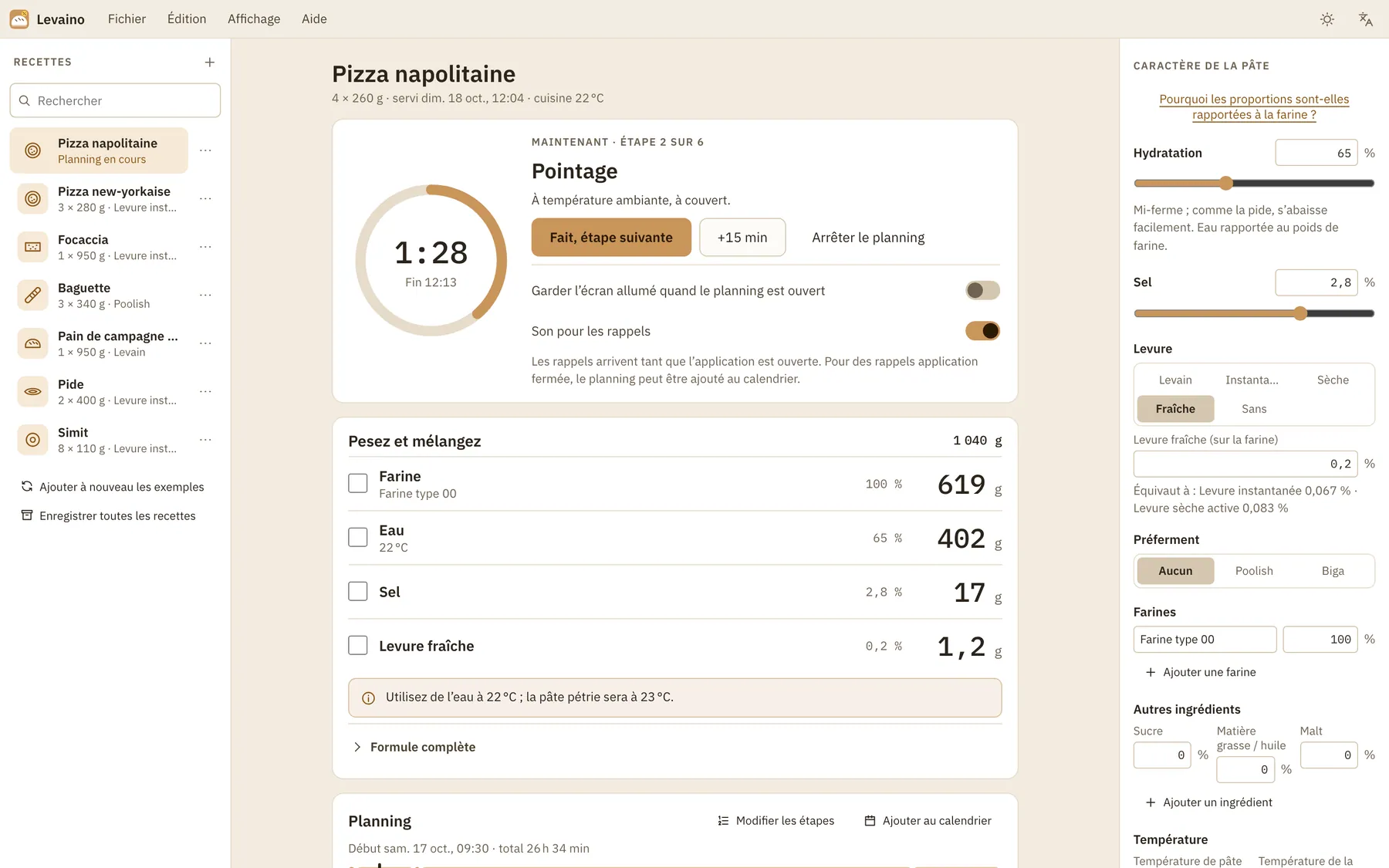 Capture d'écran de Levaino : espace de travail avec un contenu d'exemple
