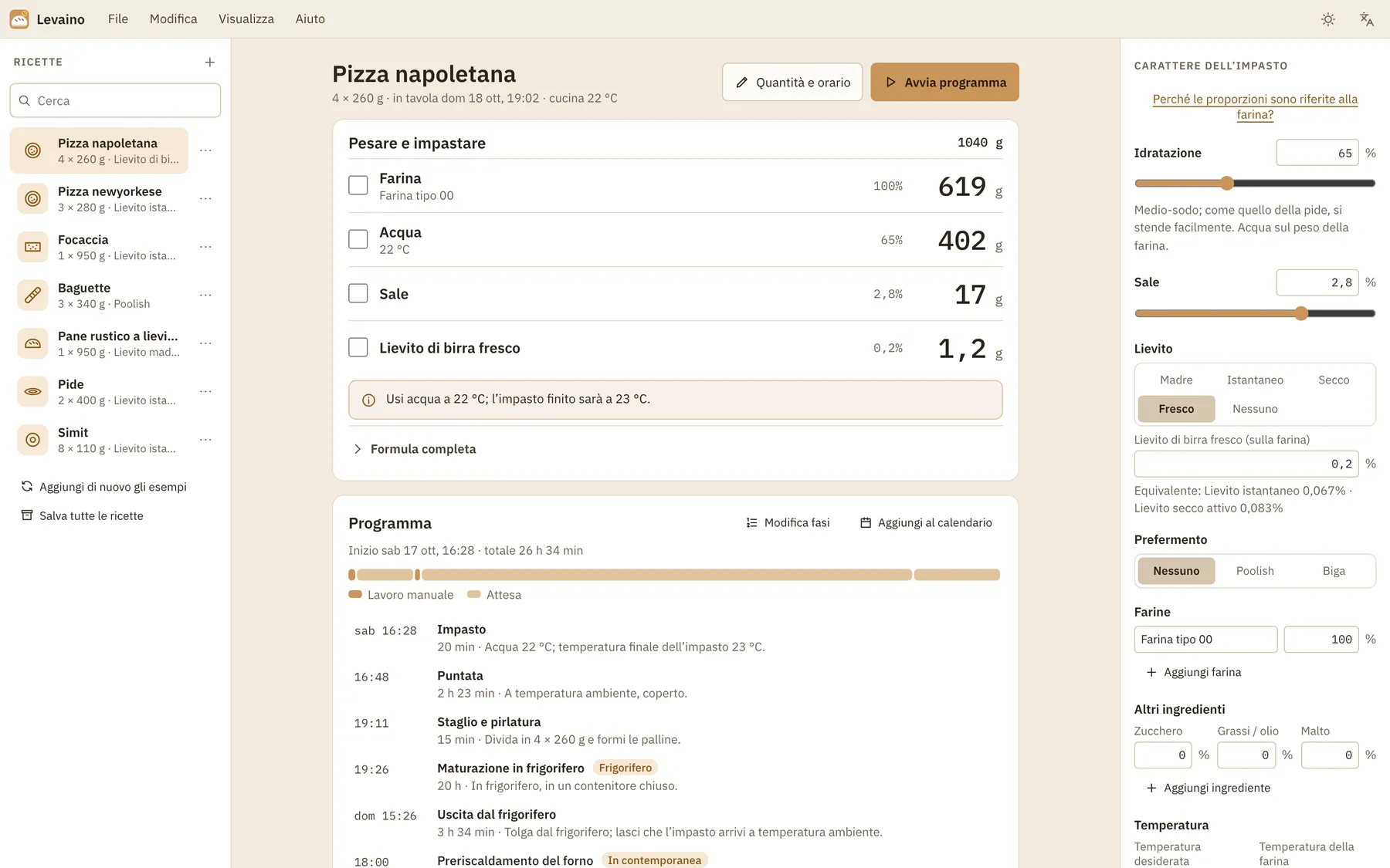 Screenshot di Levaino: area di lavoro con contenuto di esempio